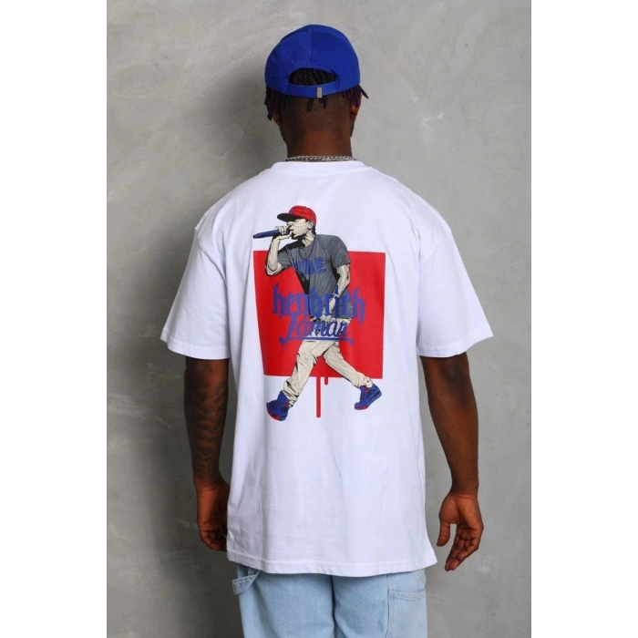 Erkek Baskılı Tişört Kısa Kol Bisiklet Yaka Oversize T-Shirt - Beyaz