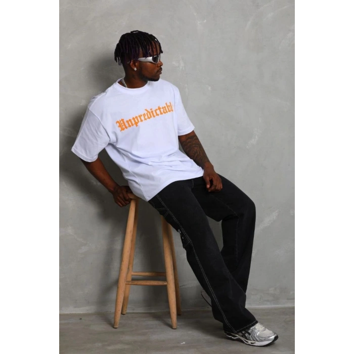 Erkek Baskılı Tişört Kısa Kol Bisiklet Yaka Oversize T-Shirt - Beyaz