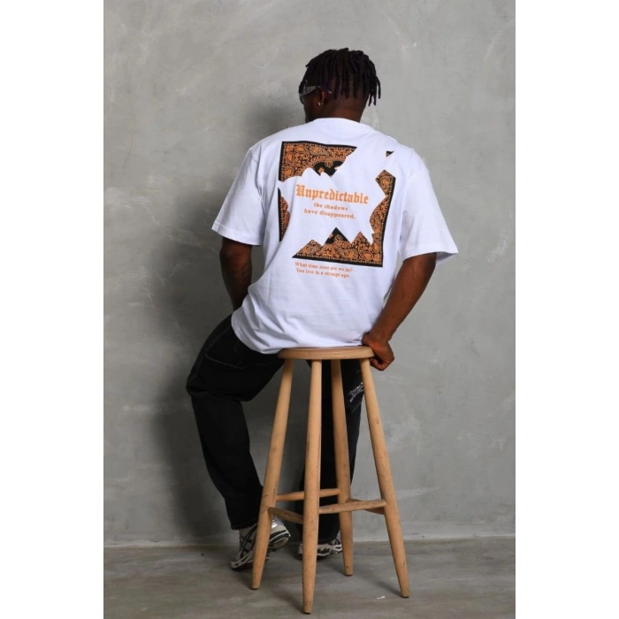 Erkek Baskılı Tişört Kısa Kol Bisiklet Yaka Oversize T-Shirt - Beyaz
