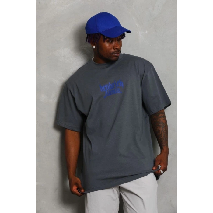 Erkek Baskılı Tişört Kısa Kol Bisiklet Yaka Oversize T-Shirt - Füme