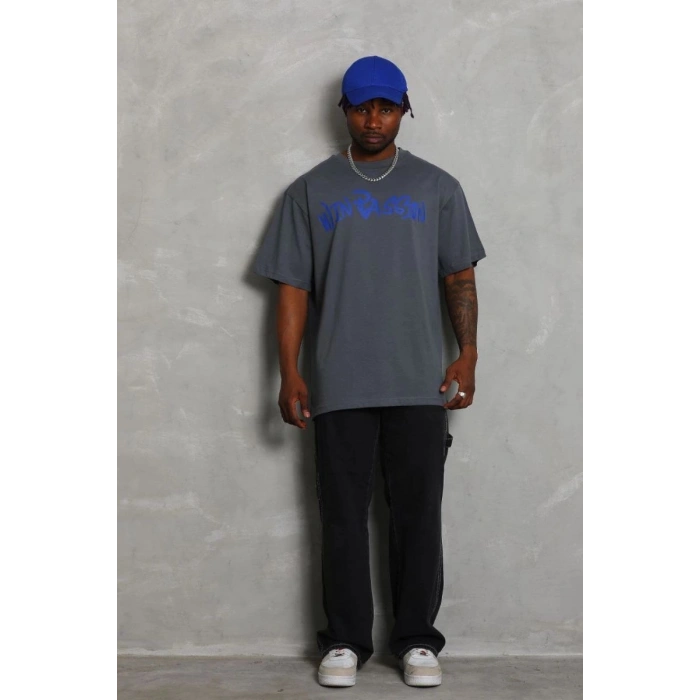 Erkek Baskılı Tişort Kısa Kol Bisiklet Yaka Oversize T-Shirt - Füme