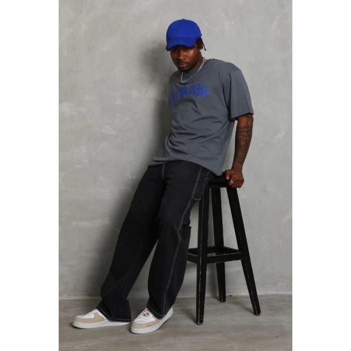 Erkek Baskılı Tişort Kısa Kol Bisiklet Yaka Oversize T-Shirt - Füme