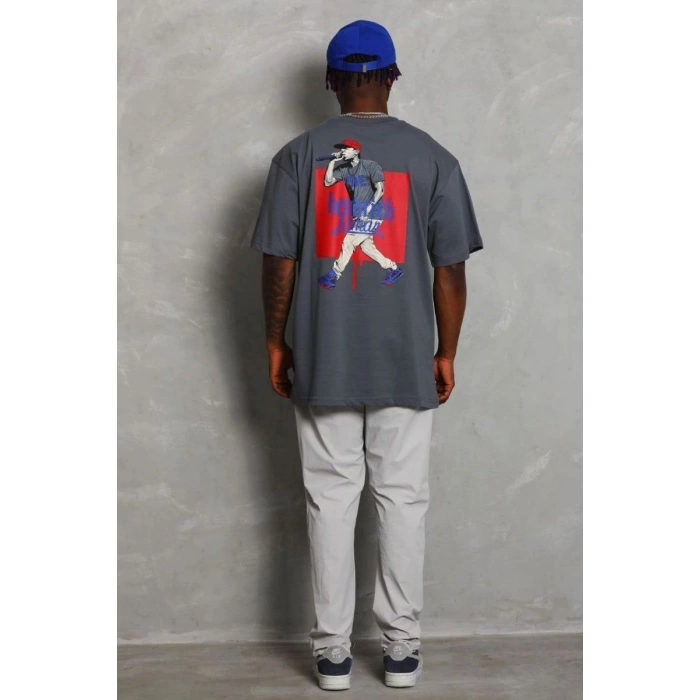 Erkek Baskılı Tişört Kısa Kol Bisiklet Yaka Oversize T-Shirt - Füme