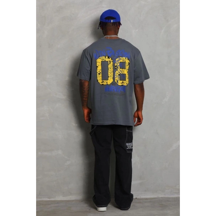 Erkek Baskılı Tişort Kısa Kol Bisiklet Yaka Oversize T-Shirt - Füme