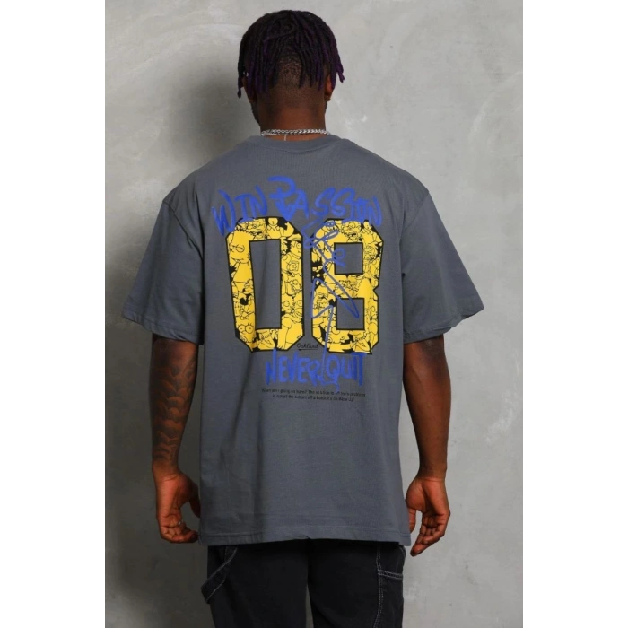 Erkek Baskılı Tişort Kısa Kol Bisiklet Yaka Oversize T-Shirt - Füme