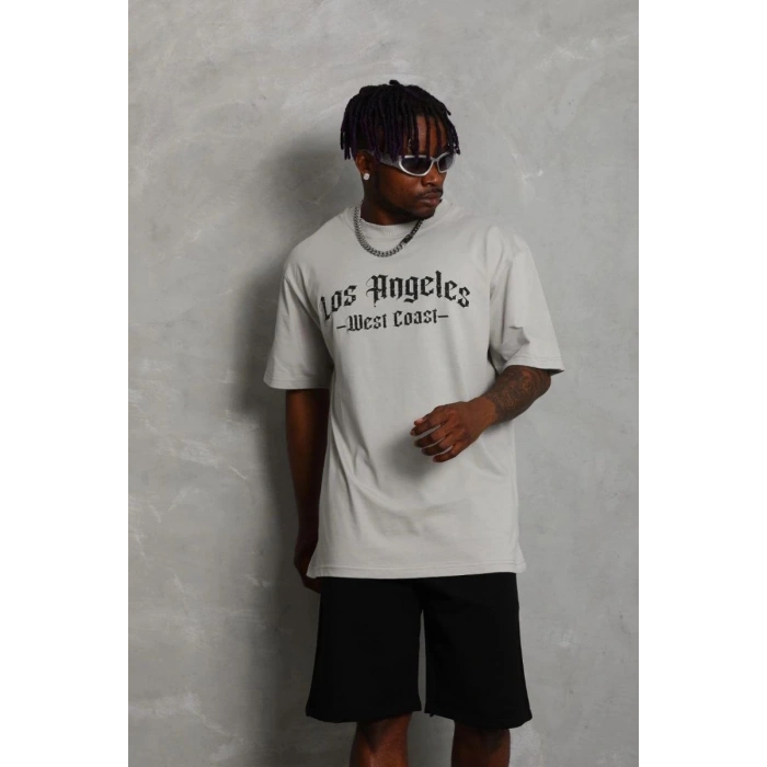 Erkek Baskılı Tişört Kısa Kol Bisiklet Yaka Oversize T-Shirt - Gri