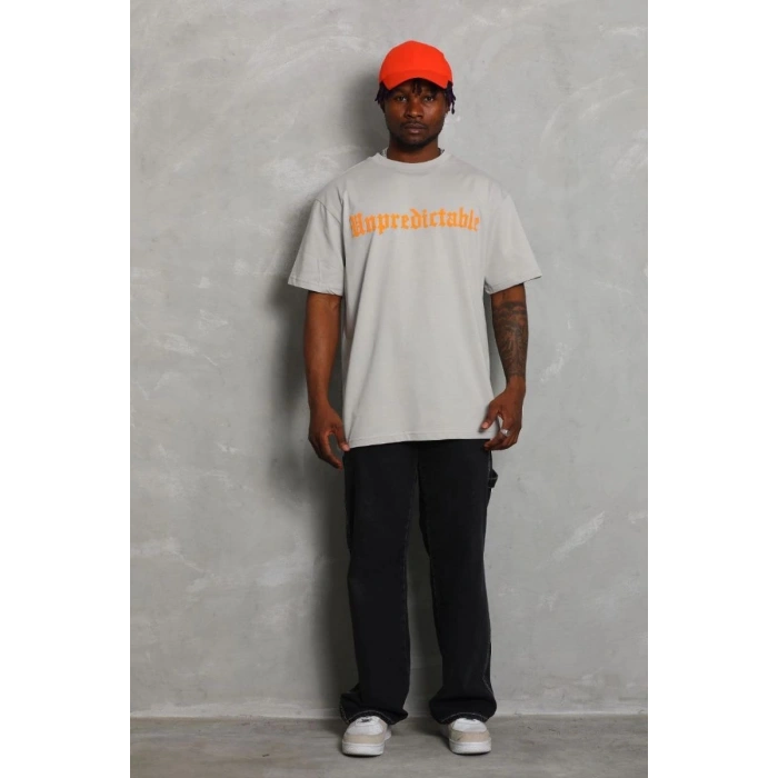 Erkek Baskılı Tişört Kısa Kol Bisiklet Yaka Oversize T-Shirt - Gri