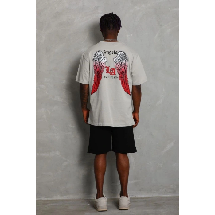 Erkek Baskılı Tişört Kısa Kol Bisiklet Yaka Oversize T-Shirt - Gri