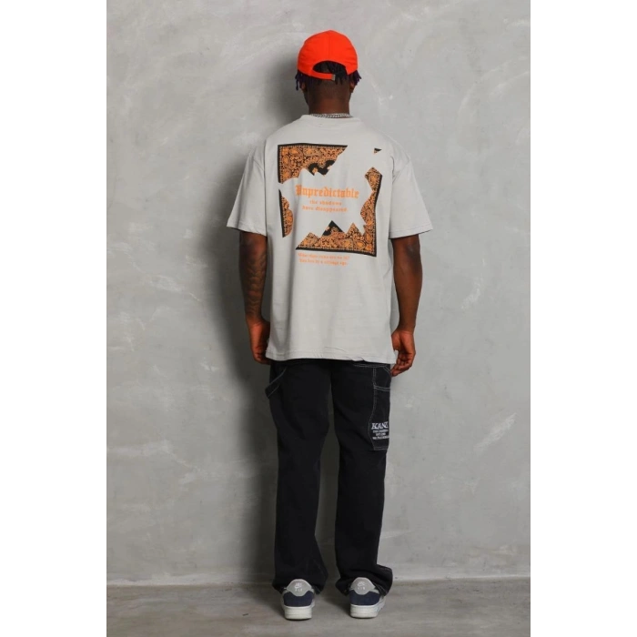 Erkek Baskılı Tişört Kısa Kol Bisiklet Yaka Oversize T-Shirt - Gri
