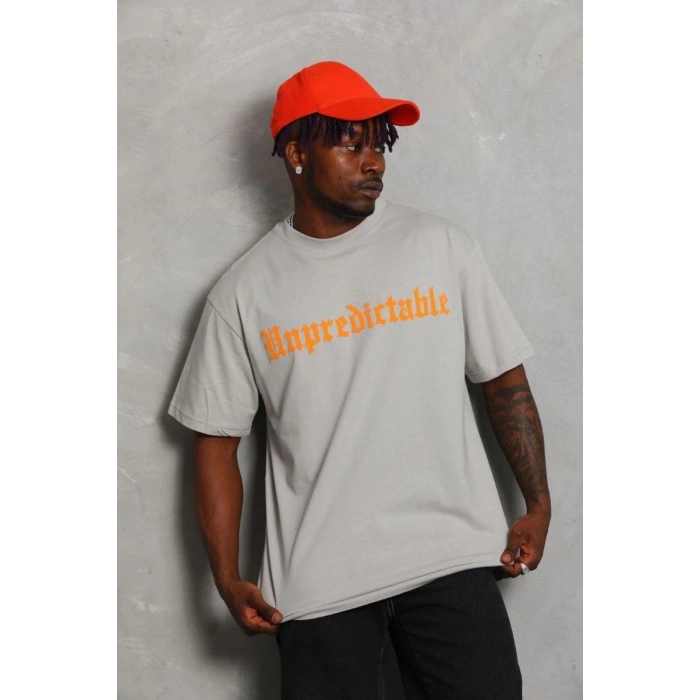 Erkek Baskılı Tişört Kısa Kol Bisiklet Yaka Oversize T-Shirt - Gri