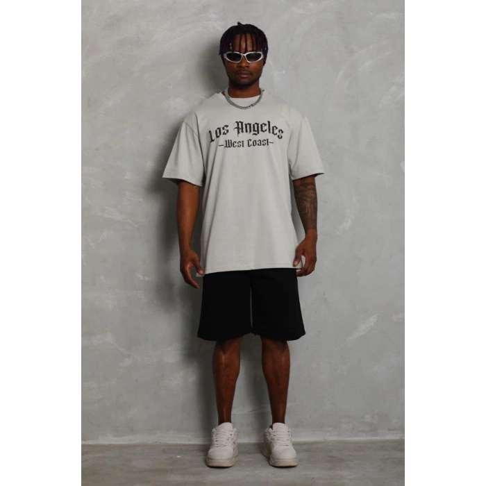 Erkek Baskılı Tişört Kısa Kol Bisiklet Yaka Oversize T-Shirt - Gri
