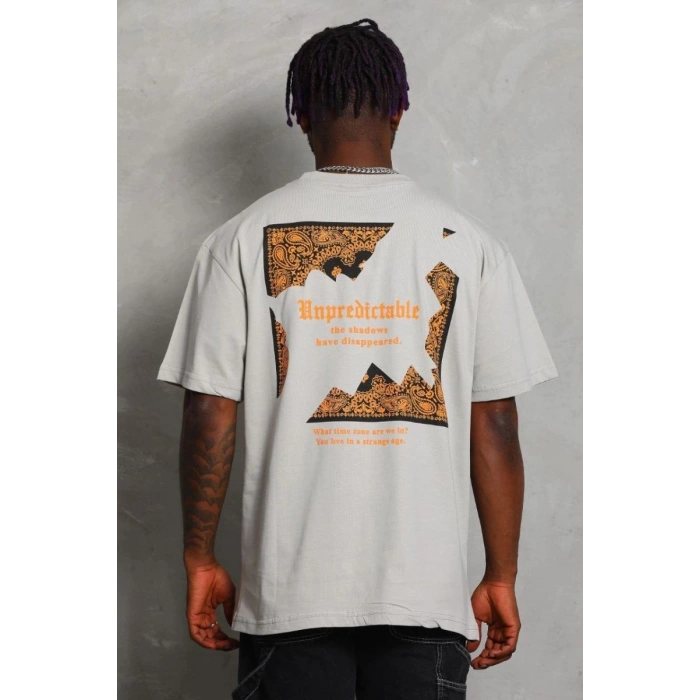 Erkek Baskılı Tişört Kısa Kol Bisiklet Yaka Oversize T-Shirt - Gri