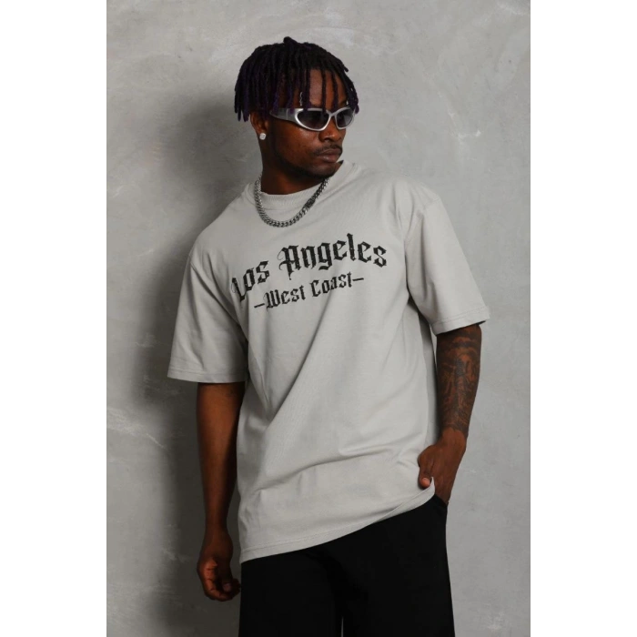 Erkek Baskılı Tişört Kısa Kol Bisiklet Yaka Oversize T-Shirt - Gri