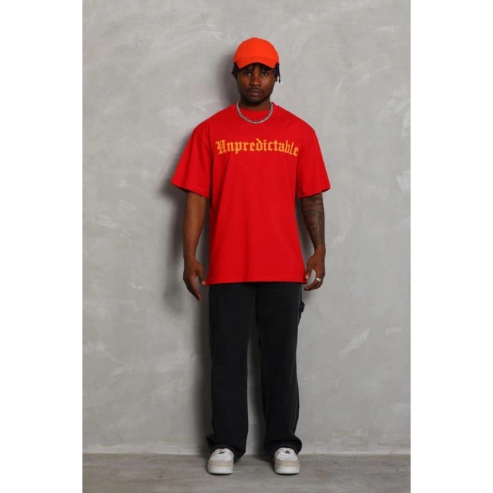 Erkek Baskılı Tişört Kısa Kol Bisiklet Yaka Oversize T-Shirt - Kırmızı