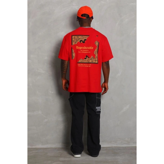 Erkek Baskılı Tişört Kısa Kol Bisiklet Yaka Oversize T-Shirt - Kırmızı
