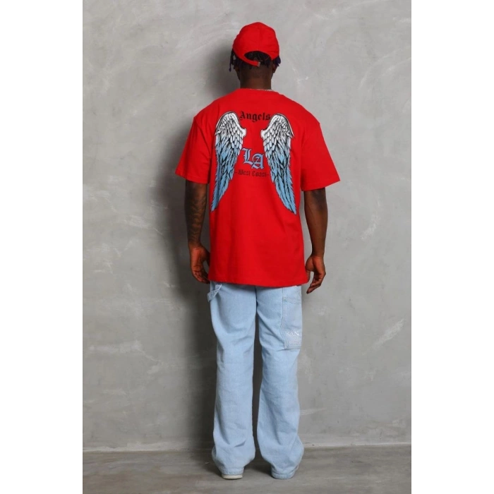 Erkek Baskılı Tişört Kısa Kol Bisiklet Yaka Oversize T-Shirt - Kırmızı