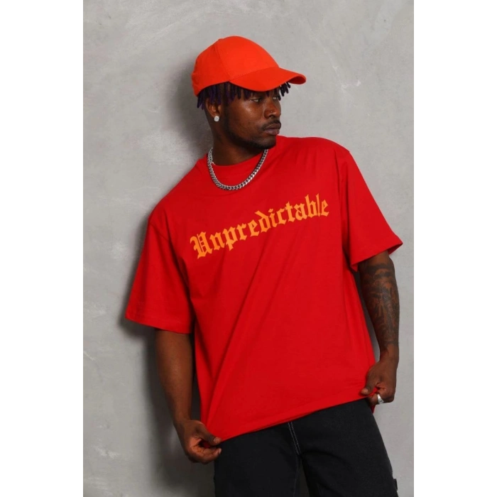 Erkek Baskılı Tişört Kısa Kol Bisiklet Yaka Oversize T-Shirt - Kırmızı