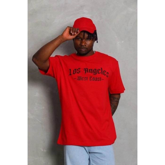 Erkek Baskılı Tişört Kısa Kol Bisiklet Yaka Oversize T-Shirt - Kırmızı