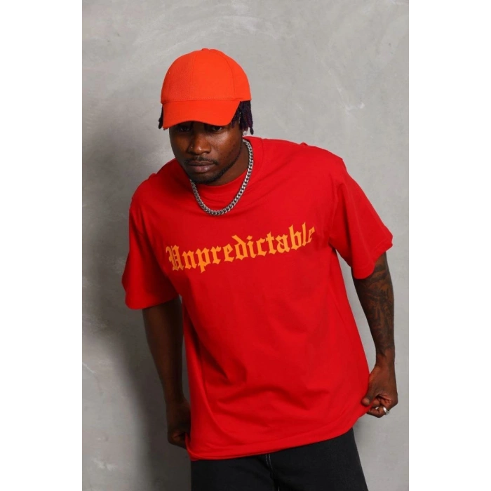 Erkek Baskılı Tişört Kısa Kol Bisiklet Yaka Oversize T-Shirt - Kırmızı