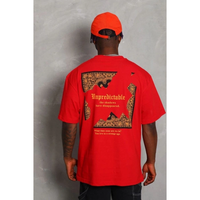 Erkek Baskılı Tişört Kısa Kol Bisiklet Yaka Oversize T-Shirt - Kırmızı