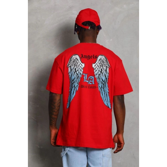 Erkek Baskılı Tişört Kısa Kol Bisiklet Yaka Oversize T-Shirt - Kırmızı