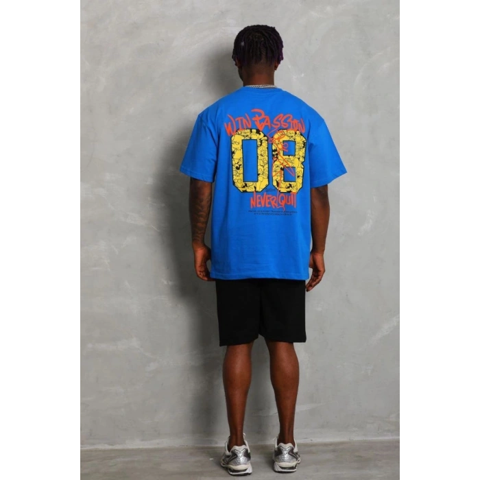 Erkek Baskılı Tişört Kısa Kol Bisiklet Yaka Oversize T-Shirt - Mavi