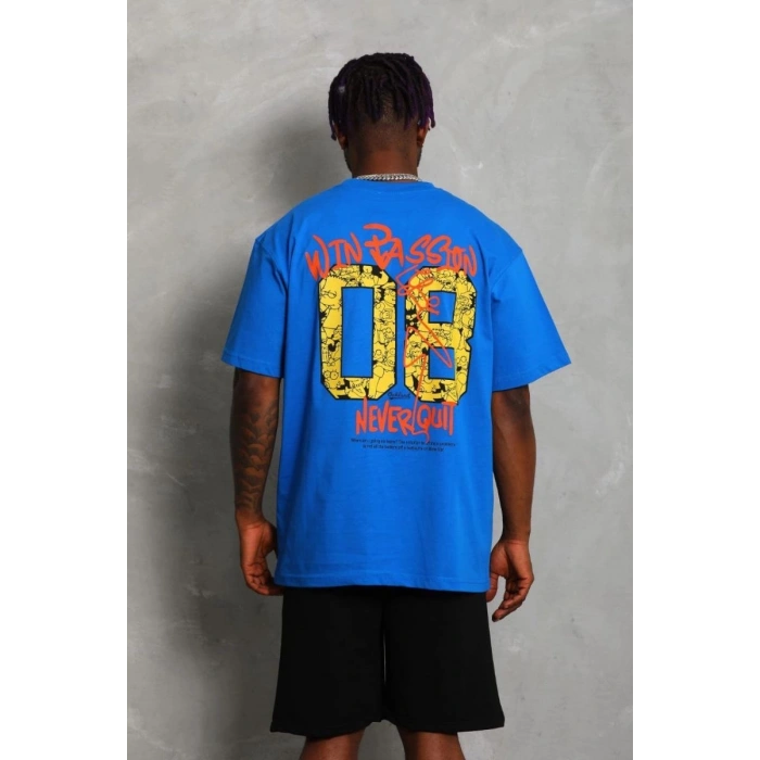Erkek Baskılı Tişört Kısa Kol Bisiklet Yaka Oversize T-Shirt - Mavi