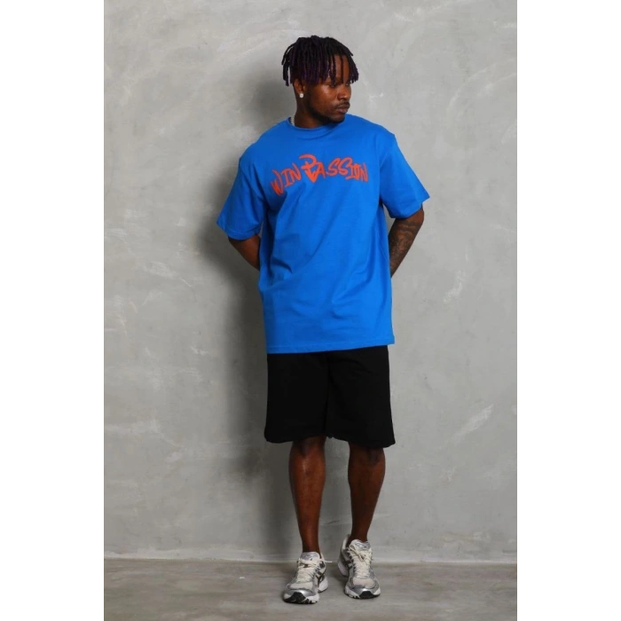 Erkek Baskılı Tişört Kısa Kol Bisiklet Yaka Oversize T-Shirt - Mavi