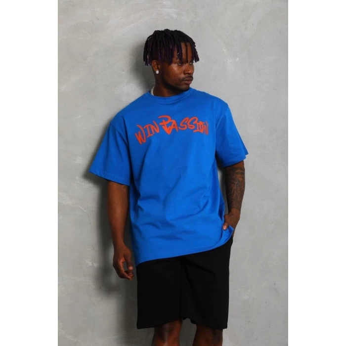 Erkek Baskılı Tişört Kısa Kol Bisiklet Yaka Oversize T-Shirt - Mavi