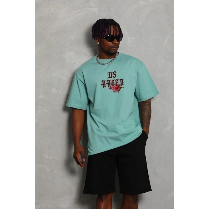 Erkek Baskılı Tişört Kısa Kol Bisiklet Yaka Oversize T-Shirt - Mint Yeşili