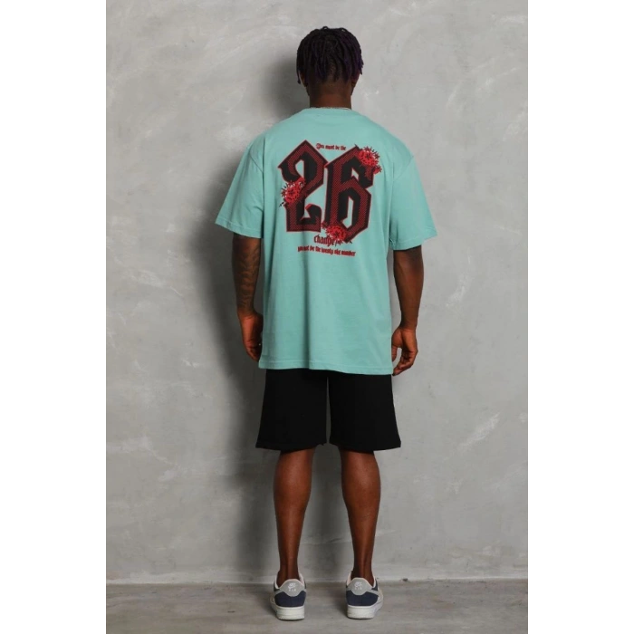 Erkek Baskılı Tişört Kısa Kol Bisiklet Yaka Oversize T-Shirt - Mint Yeşili