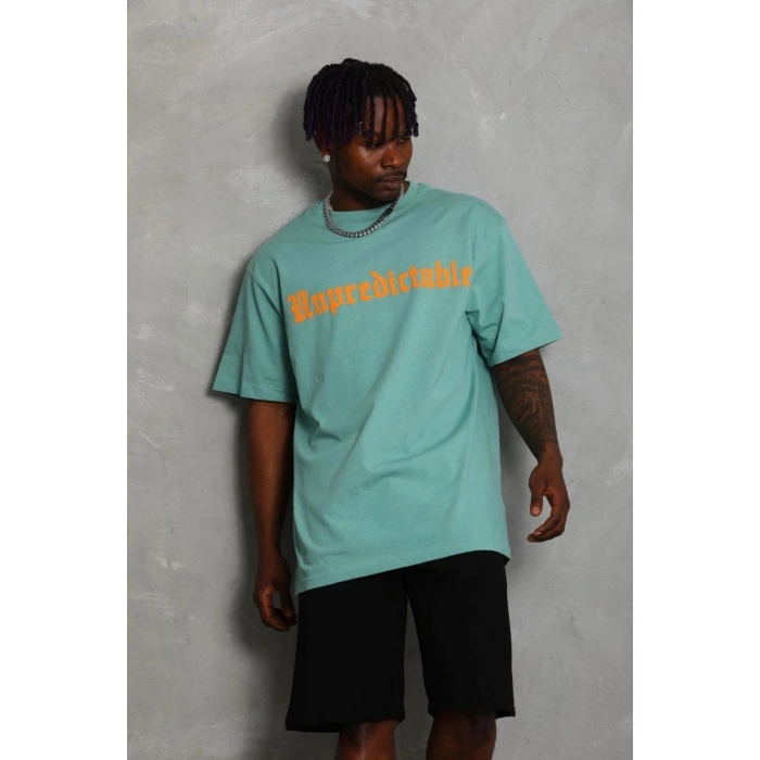 Erkek Baskılı Tişört Kısa Kol Bisiklet Yaka Oversize T-Shirt - Mint Yeşili