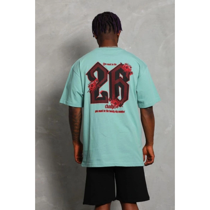 Erkek Baskılı Tişört Kısa Kol Bisiklet Yaka Oversize T-Shirt - Mint Yeşili