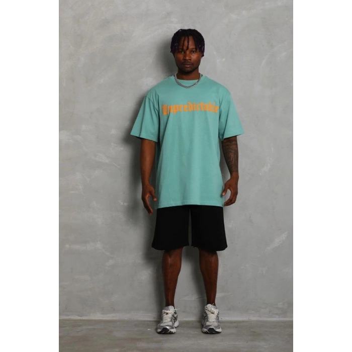 Erkek Baskılı Tişört Kısa Kol Bisiklet Yaka Oversize T-Shirt - Mint Yeşili