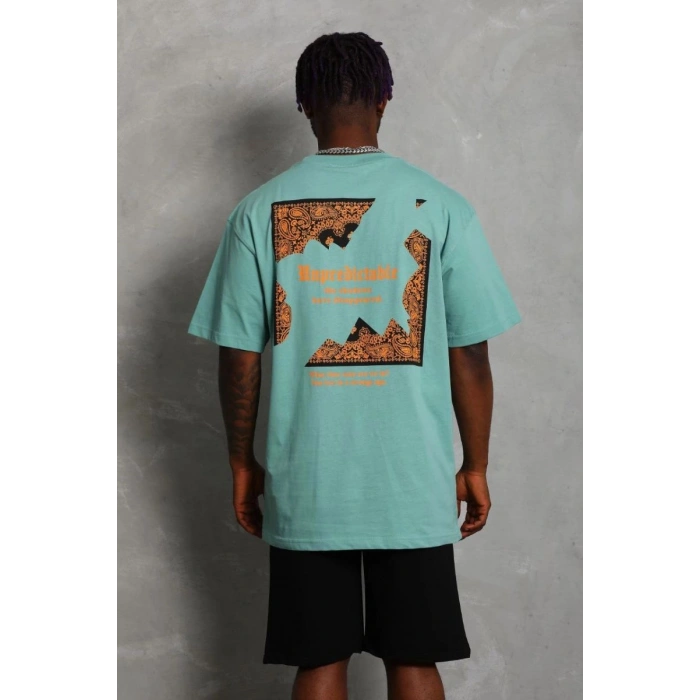 Erkek Baskılı Tişört Kısa Kol Bisiklet Yaka Oversize T-Shirt - Mint Yeşili