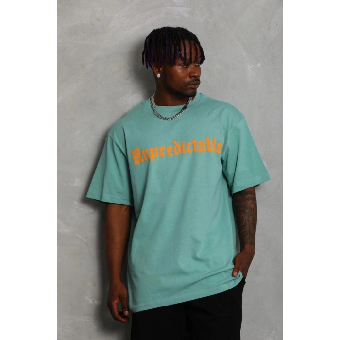 Erkek Baskılı Tişört Kısa Kol Bisiklet Yaka Oversize T-Shirt - Mint Yeşili