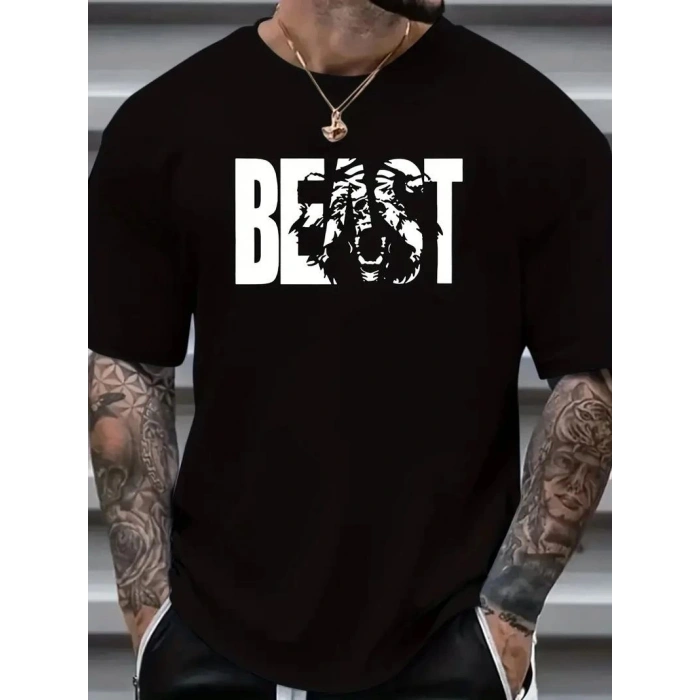 Erkek Baskılı Tişört Kısa Kol Bisiklet Yaka Oversize T-Shirt - Siyah