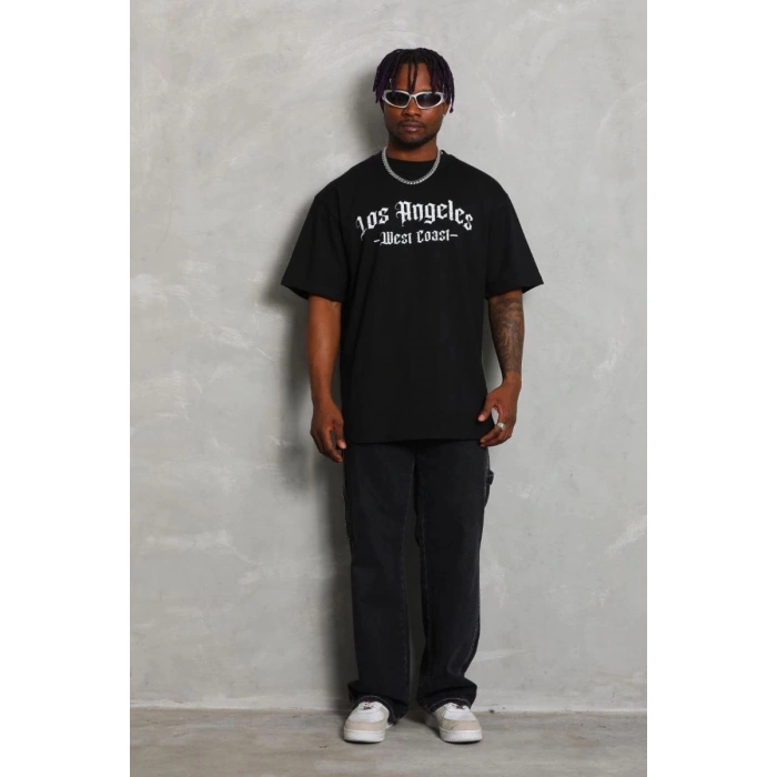 Erkek Baskılı Tişört Kısa Kol Bisiklet Yaka Oversize T-Shirt - Siyah