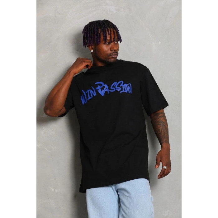 Erkek Baskılı Tişört Kısa Kol Bisiklet Yaka Oversize T-Shirt - Siyah