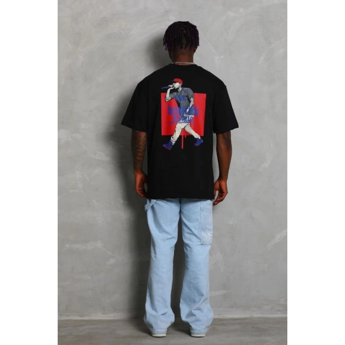 Erkek Baskılı Tişört Kısa Kol Bisiklet Yaka Oversize T-Shirt - - Siyah