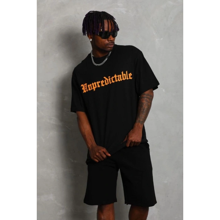 Erkek Baskılı Tişört Kısa Kol Bisiklet Yaka Oversize T-Shirt - Siyah