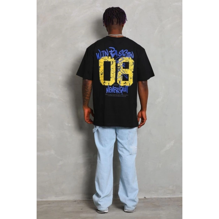 Erkek Baskılı Tişört Kısa Kol Bisiklet Yaka Oversize T-Shirt - Siyah