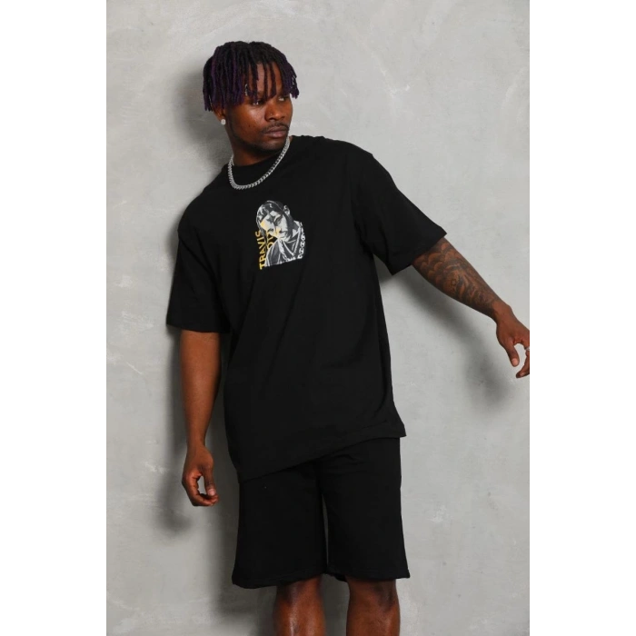 Erkek Baskılı Tişört Kısa Kol Bisiklet Yaka Oversize T-Shirt - Siyah