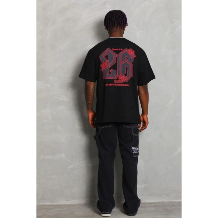 Erkek Baskılı Tişört Kısa Kol Bisiklet Yaka Oversize T-Shirt - Siyah