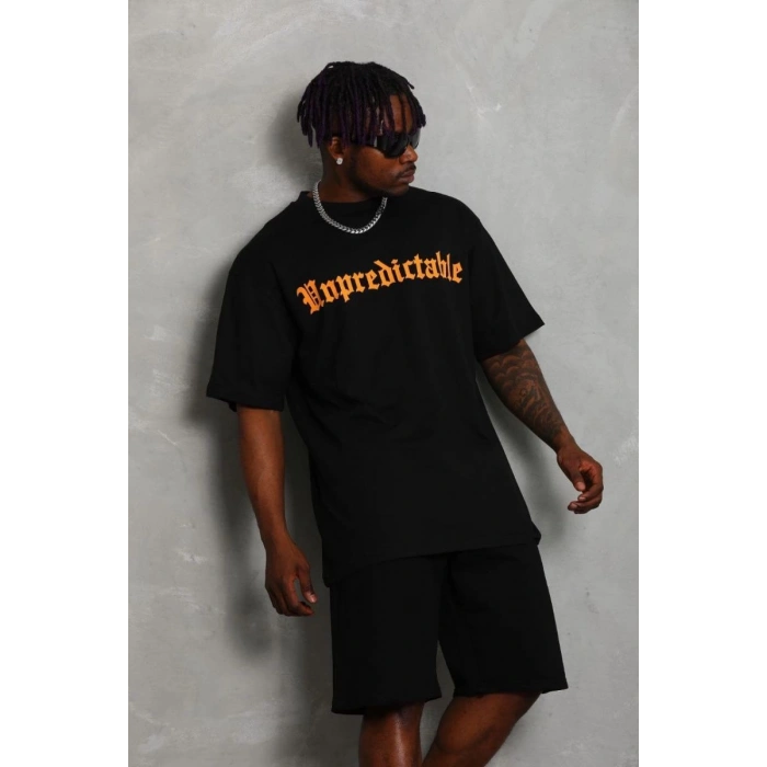 Erkek Baskılı Tişört Kısa Kol Bisiklet Yaka Oversize T-Shirt - Siyah