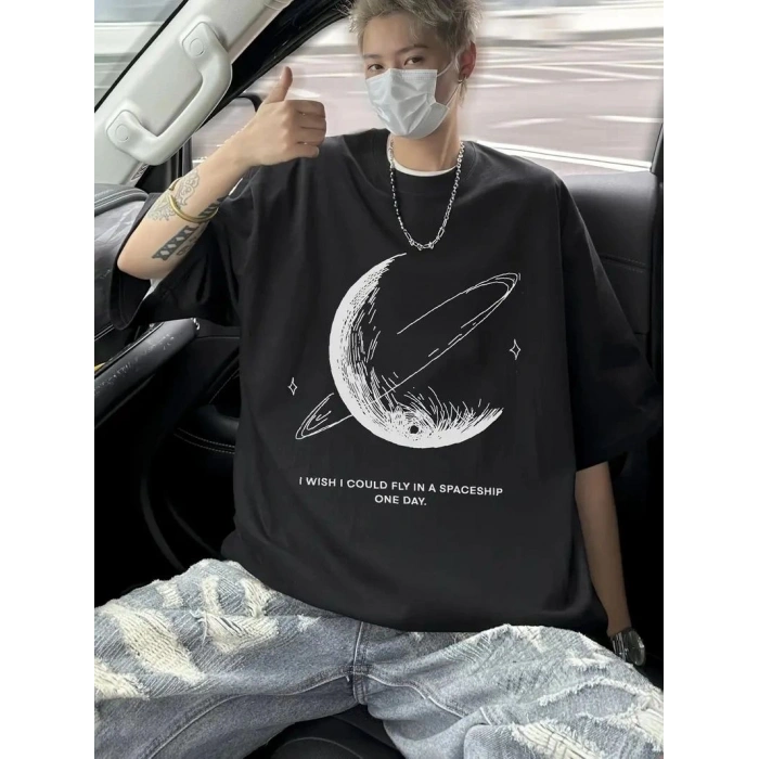 Erkek Baskılı Tişört Kısa Kol Bisiklet Yaka Oversize T-Shirt - - Siyah