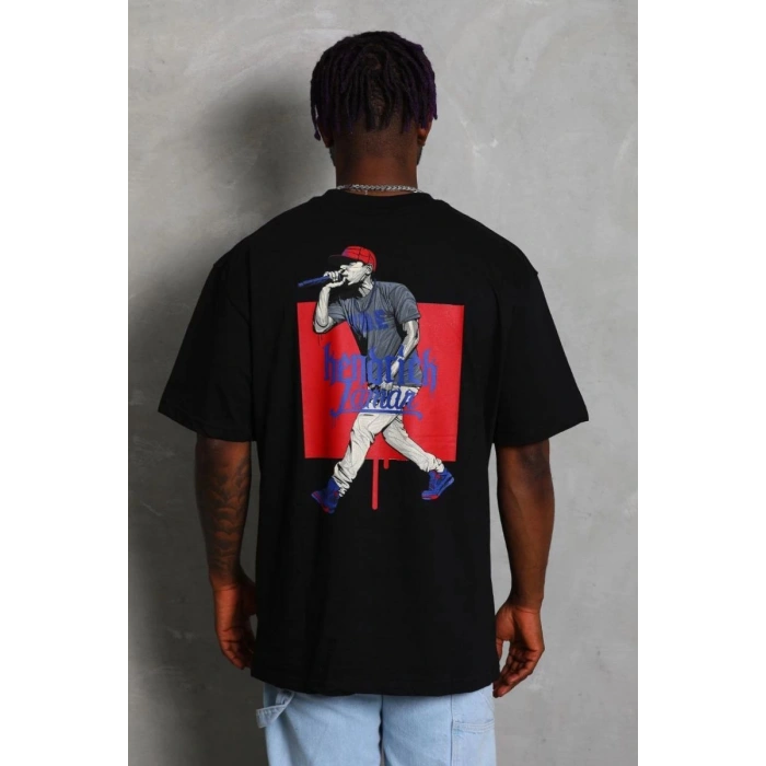 Erkek Baskılı Tişört Kısa Kol Bisiklet Yaka Oversize T-Shirt - - Siyah