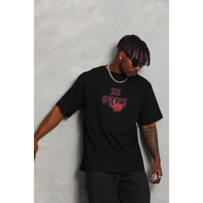 Erkek Baskılı Tişört Kısa Kol Bisiklet Yaka Oversize T-Shirt - Siyah