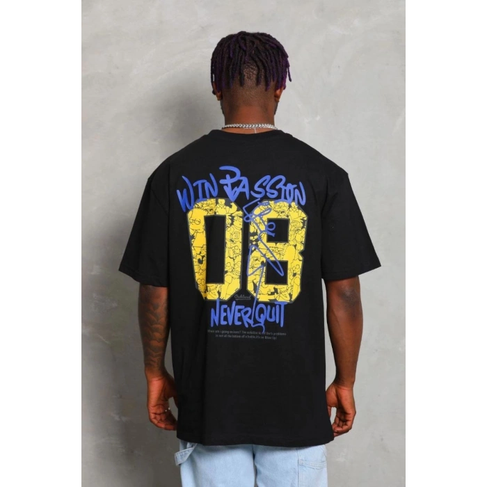 Erkek Baskılı Tişört Kısa Kol Bisiklet Yaka Oversize T-Shirt - Siyah