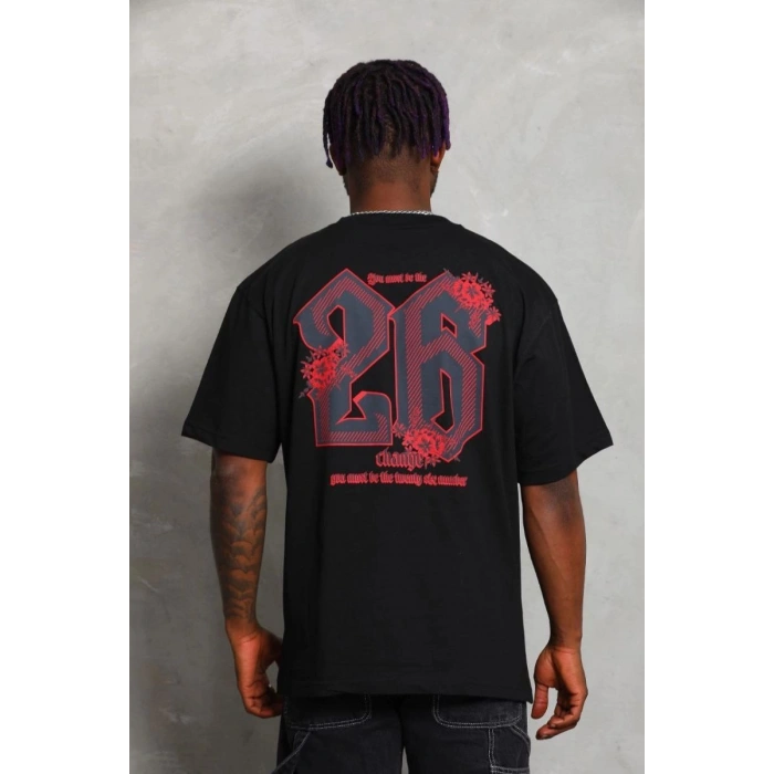 Erkek Baskılı Tişört Kısa Kol Bisiklet Yaka Oversize T-Shirt - Siyah